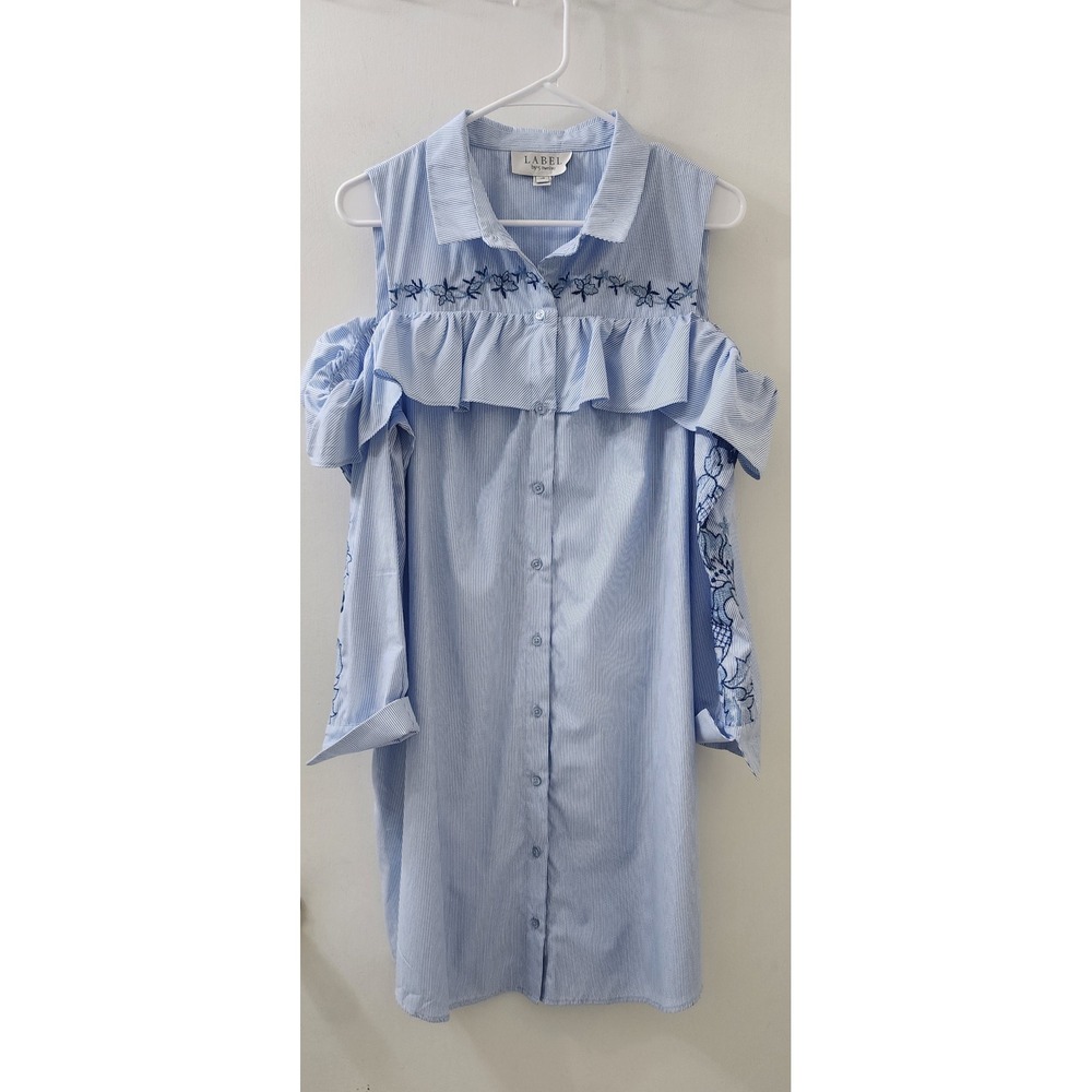 Label by 5 Twelve Blue White Pinstripe Cold Shoulder Ruffle Shirt Dress Size 12